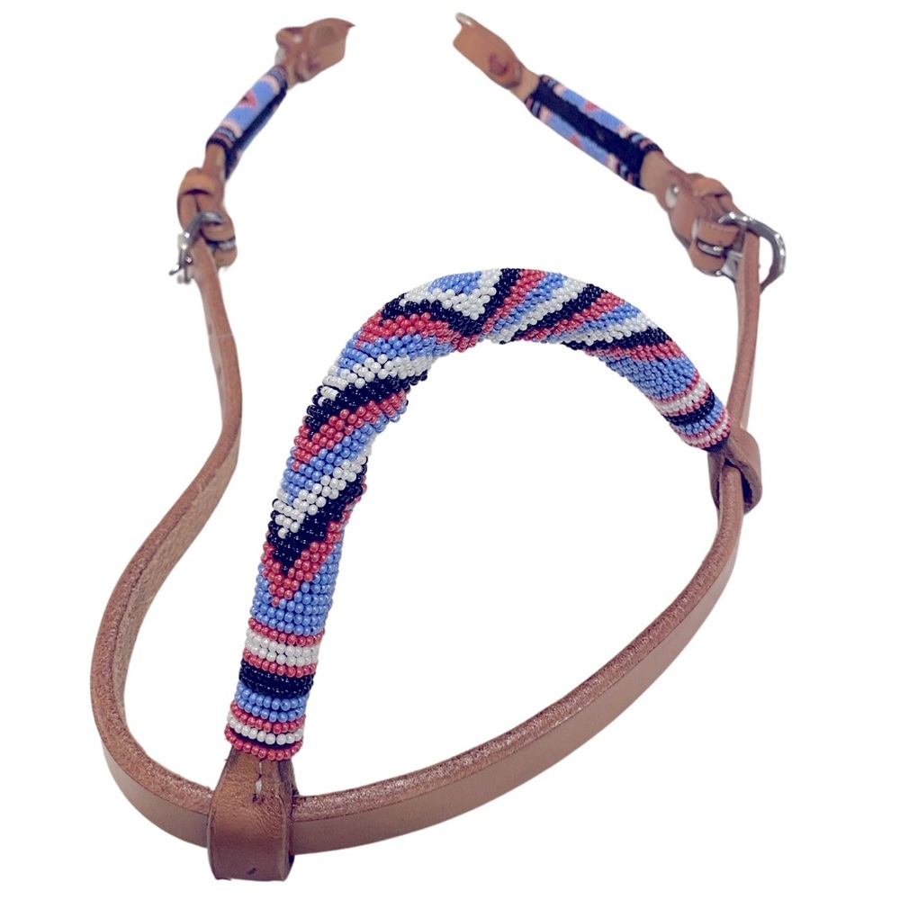 NWOT Beaded Leather Headstall in Blue, Pink & White